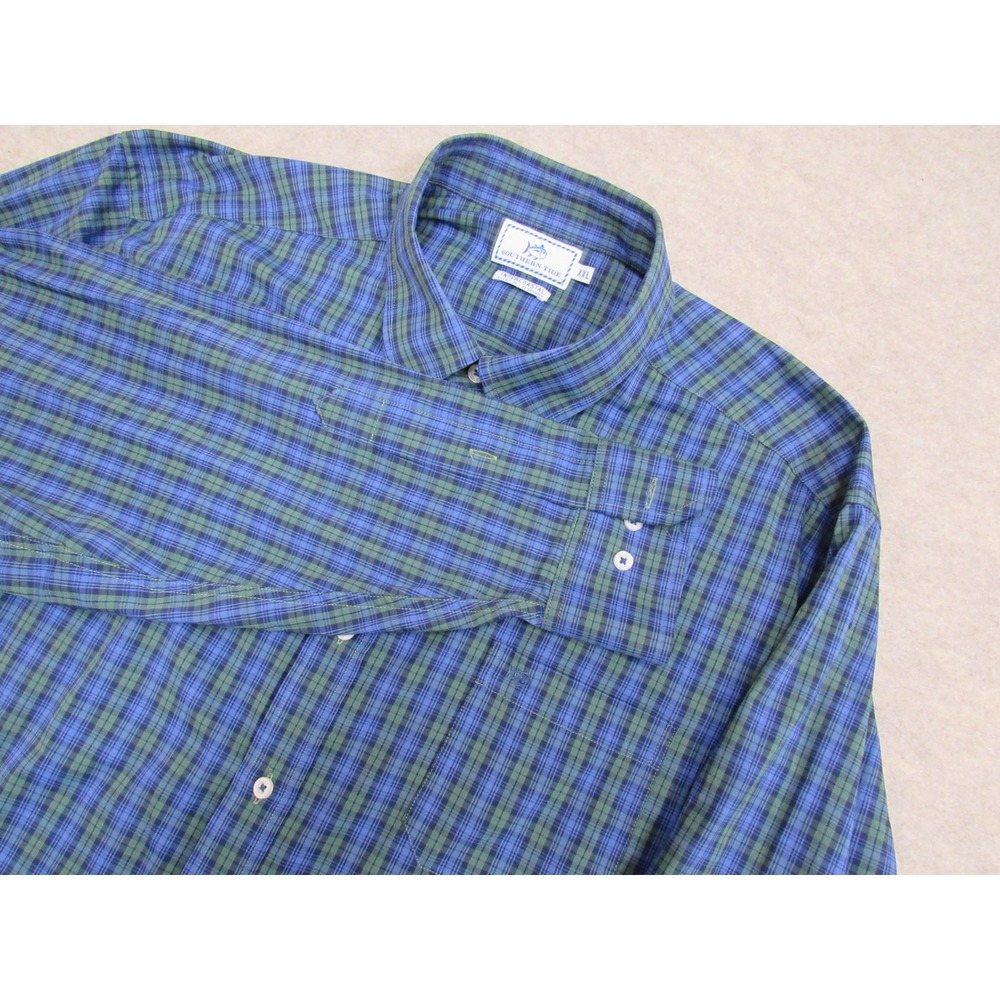 Southern Tide Intercoastal Shirt Mens XXL Blue Green Plaid Nylon Stretch 20714 - Picture 1 of 8